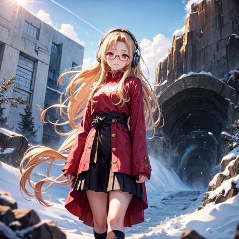 Pink gold golden hair、Red eyes、One good looking girl、solo、anime、Checkered mini skirt、The skirt has buttons、Red T-shirt、Long sleeve、China、Cape、Black knee-high socks、Wearing headphones、Wearing a ribbon、Ribbon on waist、Tilting face、Teeth are visible、tunnel、Su...