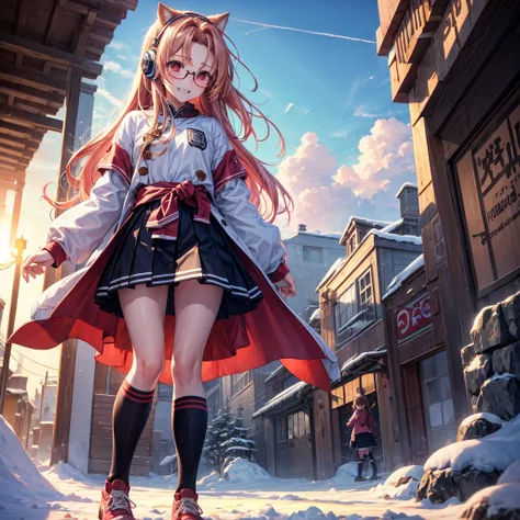 Pink gold golden hair、Red eyes、One good looking girl、solo、anime、Checkered mini skirt、The skirt has buttons、Red T-shirt、Long sleeve、China、Cape、Black knee-high socks、Wearing headphones、Wearing a ribbon、Ribbon on waist、Tilting face、Teeth are visible、tunnel、Su...