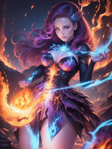 Crie uma deusa do fogo, de beleza radiante, ela utiliza um vestido feito de fogo que cobre todo seu corpo, Her hair is made of blue flames with purple, listras luminosas douradas adornam a roupa, A blue flame burns in one of his hands, and the setting is h...