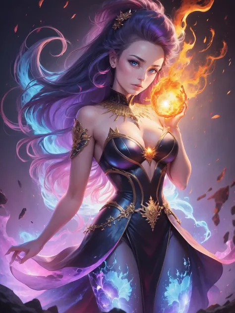 Crie uma deusa do fogo, de beleza radiante, ela utiliza um vestido feito de fogo que cobre todo seu corpo, Her hair is made of blue flames with purple, listras luminosas douradas adornam a roupa, A blue flame burns in one of his hands, and the setting is h...