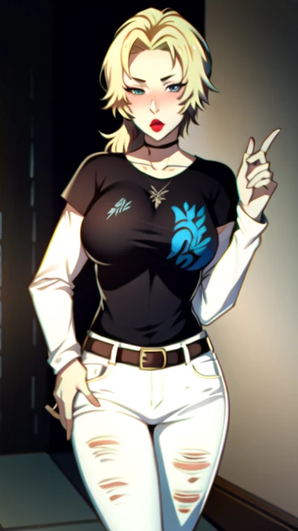 cathfe16, blonde hair, 1girl, solo, standing, black t-shirt, white shirt, blue jeans, belt, lipstick, large breasts