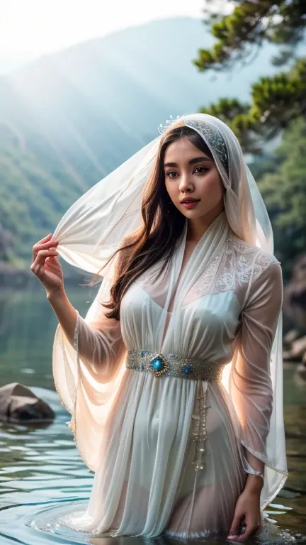 a gorgeous girl in a silk hijab in a misty mountains and floating lotus flowers on a clean crystal water, flowing silk dress, show the wind blowing her hijab and dress, detailed detail, real skin texture, realistic image, ultra sharp, 