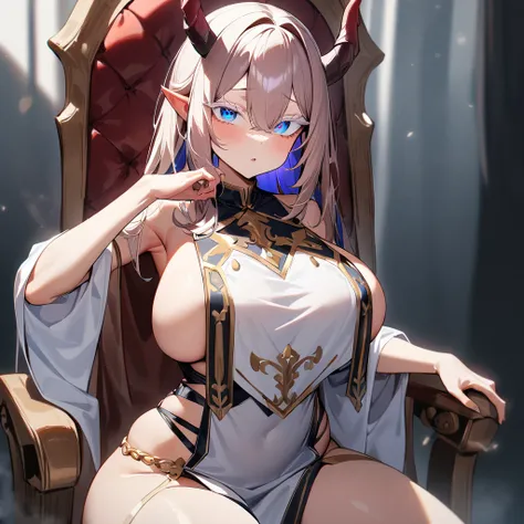 1 girl,colored eyelashes,deep eyes,skin-covered horns,deepcolor,big breast, colored eyelashes, alternate eye color,breast curtain,masterpiece, best quality,very aesthetic,absurdres,inner boob,chair,cowboy shot, sitting_on_throne