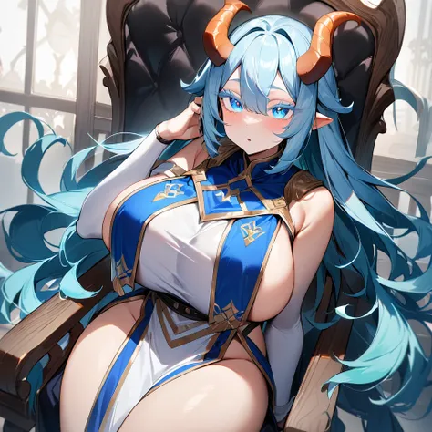 1 girl,colored eyelashes,deep eyes,skin-covered horns,deepcolor,big breast, colored eyelashes, alternate eye color,breast curtain,masterpiece, best quality,very aesthetic,absurdres,inner boob,chair,cowboy shot, sitting_on_throne