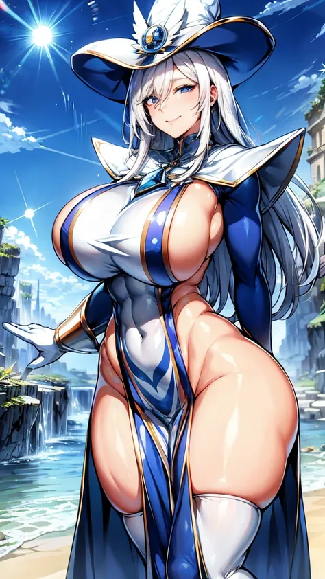 Silent magician, ropa apretada, poca piel visible, ((  ruborizada, sonrisa, oiled skin)),  pelo largo, cabello blanco, (( white hair)), sombrero blanco, Curvy body, abs, muscle, muscle girl, big sagging breast , monstruo de duelo, Iparuputsua, de pie en la...