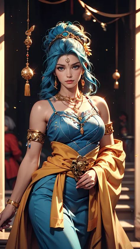 highest quality, Learning, Detailed Hair, High resolution, (((itch))) ,necklace, hair ornaments, (Beautiful Face), Blue clothes, View your viewers, Blue Hair, Are standing, （Above the waist），Medusa