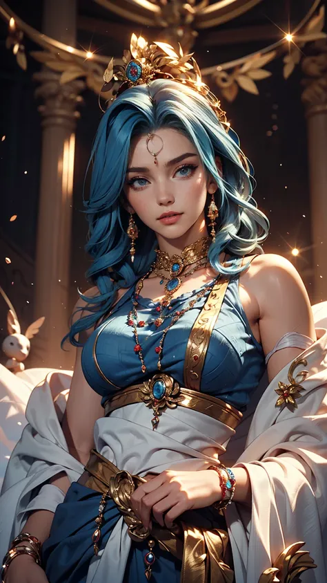 highest quality, Learning, Detailed Hair, High resolution, (((itch))) ,necklace, hair ornaments, (Beautiful Face), Blue clothes, View your viewers, Blue Hair, Are standing, （Above the waist），Medusa