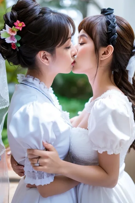 2 maid, kiss other 
