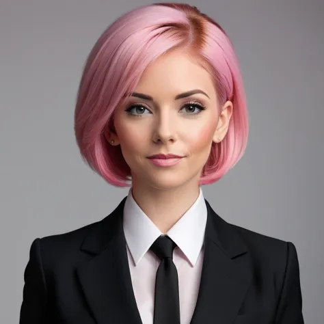 pink haired woman, black executive suit, i&#39;m looking forward to, long hair, sweet expression, blue eyes, pink eyeshadow, in ...