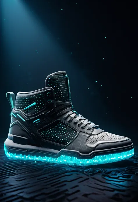 Product Photography of a Cybepunk Sneaker, Epic rendering, octano, atmosfera, particles, soft volumetric lights, (retroiluminado:1.3), (cinematic:1.3), detalhes intrincados, (art station:1.3)