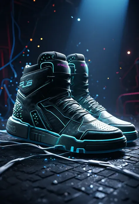 Product Photography of a Cybepunk Sneaker, Epic rendering, octano, atmosfera, particles, soft volumetric lights, (retroiluminado:1.3), (cinematic:1.3), detalhes intrincados, (art station:1.3)