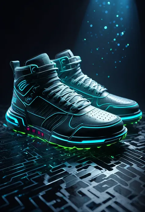 Product Photography of a Cybepunk Sneaker, Epic rendering, octano, atmosfera, particles, soft volumetric lights, (retroiluminado:1.3), (cinematic:1.3), detalhes intrincados, (art station:1.3)