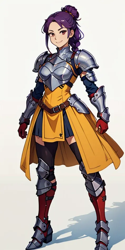 (masterpiece, plain background) 1girl, solo, long hair, purple hair, red eyes, single hair bun, braid, YELLOW dress (armor), breastplate, pauldrons, greaves, Red gauntlets, standing full body smile,  score_9, score_8_up, score_7_up, score_6_up, score_5_up,...