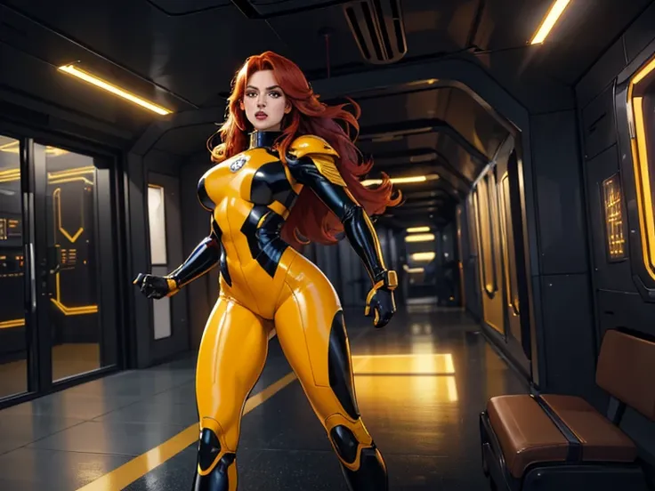 Best quality, 4K, american comics art style, vintage space woman,long red hair,yellow and black tight latex suit under shine black hi-tech armor,dynamic pose, spaceship corridor scenario, dramatic lights 