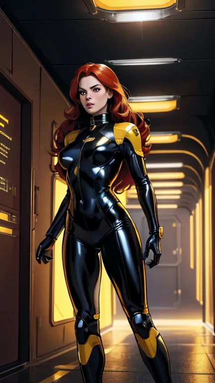 Best quality, 4K, american comics art style, vintage space woman,long red hair,yellow and black tight latex suit under shine black hi-tech armor,dynamic pose, spaceship corridor scenario, dramatic lights 