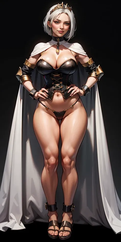 ((BLACK BACKGROUND,1:2, masterpiece)), full body MILF BIMBO standing with two long thighs and two high heels, red eyes, silver white hair, short bob style hair, big breasts, cleavage, separate sleeves, tiara royal, long cape up to two feet, yellow bikini, ...