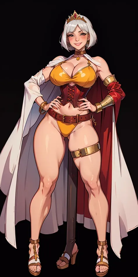 ((BLACK BACKGROUND,1:2, masterpiece)), full body MILF BIMBO standing with two long thighs and two high heels, red eyes, silver white hair, short bob style hair, big breasts, cleavage, separate sleeves, tiara royal, long cape up to two feet, yellow bikini, ...