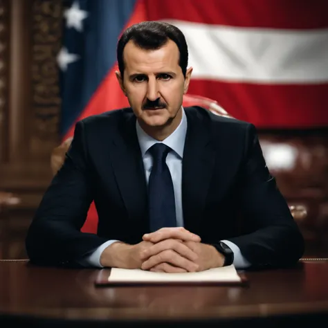 photograph,Bashar al-Assad,(best quality,4k,8k,highres,masterpiece:1.2),ultra-detailed,(realistic,photorealistic,photo-realistic:1.37),portraits,vivid colors,the Syrian president,stoic expression,wearing a suit and tie,intense eyes,distinctive mustache,dar...