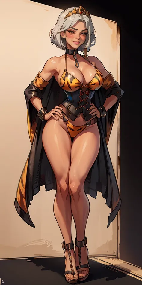 ((BLACK BACKGROUND,1:2, masterpiece)), full body MILF BIMBO standing with two long thighs and two high heels, red eyes, silver white hair, short bob style hair, big breasts, cleavage, separate sleeves, tiara royal, long cape up to two feet, yellow tiger bi...