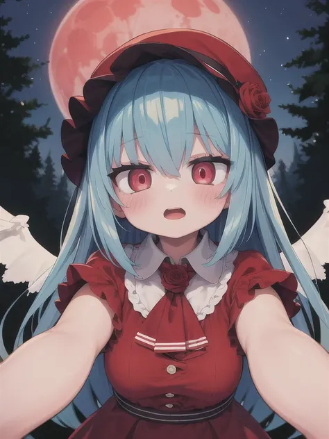 insanely detailed, absurdres, ultra-highres, ultra-detailed, best quality, 1girl, mob cap, wings, ribbon, frilled shirt collar, short sleeves, blue hair, red eyes, ascot, pink dress, evil eyes, night, red moon, ribbon, slit pupils, traditional media, red t...