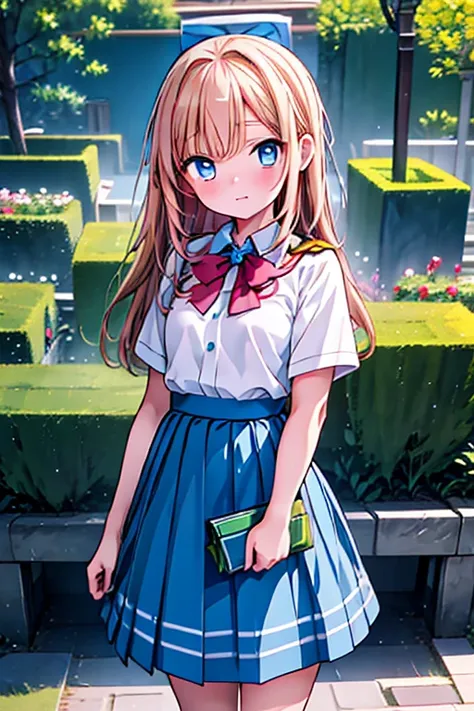 High definition.girl, student, 15 years old, Wearing a uniform, Light blue skirt, Long skirt, small bow, small bow, garden, nature, nature garden, anime, anime movie