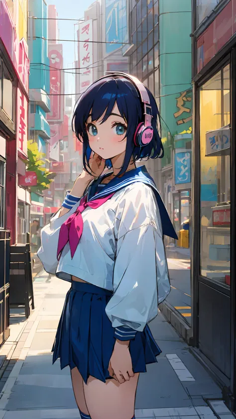 90s City Pop Art、City Pop Style、Sketch Style、LOFI Girl、Beautiful school girl、8 Head Model、Navy blue sailor suit、White sweater、mini skirt、Knee-high socks、Stroll around Harajuku、Headphones 1.2、listen to music、Big eyes、whole body、1 person、Cowboy Shot、listen t...