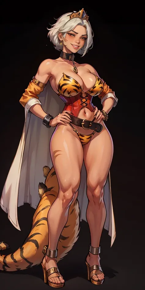 ((BLACK BACKGROUND,1:2, masterpiece)), full body MILF BIMBO standing with two long yellow tiger print stockings thighs and two high heels, red eyes, silver white hair, short bob style hair, big breasts, cleavage, separate sleeves yellow tiger print, tiara ...