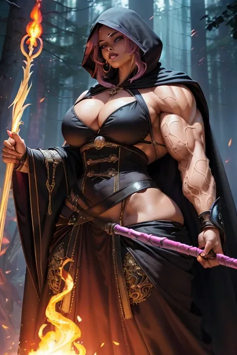 ((((Massive, tall, beautiful, buff, muscular brown skinned woman mage with shocking pink hair, black lipstick, ginormous bulky muscles, holding a fire mage staff and wearing a beautiful hooded black enchanted robe with gothic armor and beautiful long skirt...