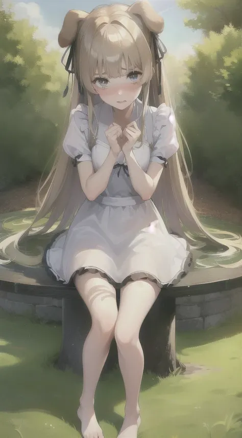 ((masterpiece, best quality)),1girl, solo, animal ears, rabbit, barefoot, skirt, sitting, rabbit ears, short sleeves, (teasing, shy, blushing: 1.3), looking at the audience, grass, short hair, gray hair, puff sleeves, outdoors, fluffy short sleeves, bangs,...