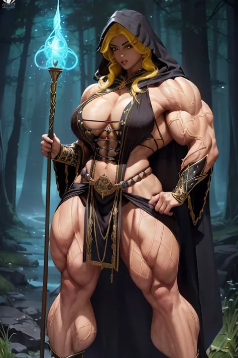 ((((Massive, tall, beautiful, buff, muscular brown skinned woman mage with yellow hair, black lipstick, ginormous bulky muscles, holding a mystical mage staff and wearing a beautiful hooded black enchanted robe with gothic armor and beautiful long skirt)))...