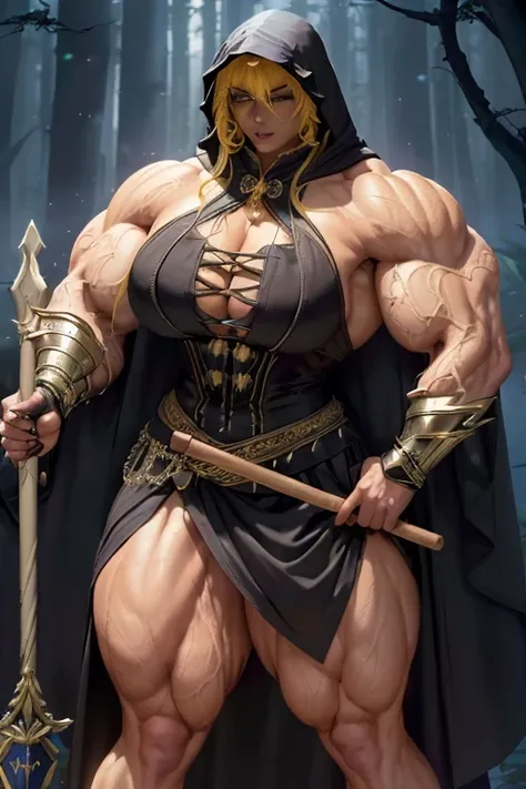 ((((Massive, tall, beautiful, buff, muscular brown skinned woman mage with yellow hair, black lipstick, ginormous bulky muscles, holding a mystical mage staff and wearing a beautiful hooded black enchanted robe with gothic armor and long beautiful skirt)))...