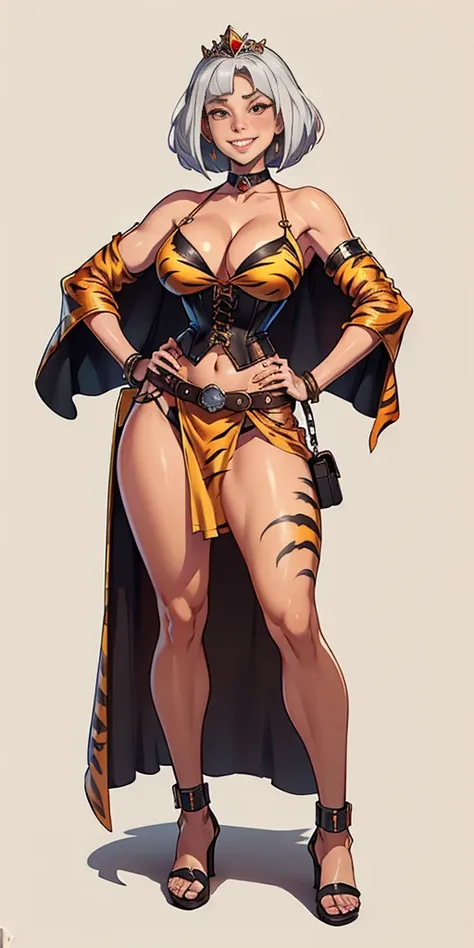 ((Masterpiece plain background,1:2, masterpiece)) full body MILF BIMBO standing with two long yellow tiger print stockings thighs and two high heels, red eyes, silver white hair, short bob style hair, big breasts, cleavage, separate sleeves yellow tiger pr...