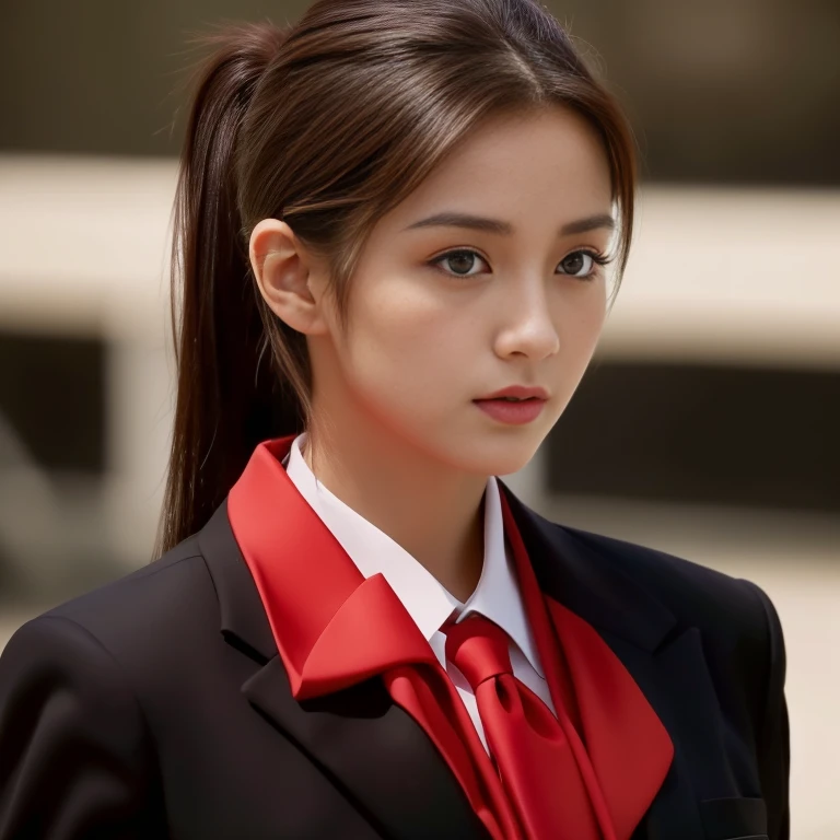 赤い襟とネクタイをしたポニーテールのスーツ姿の女性