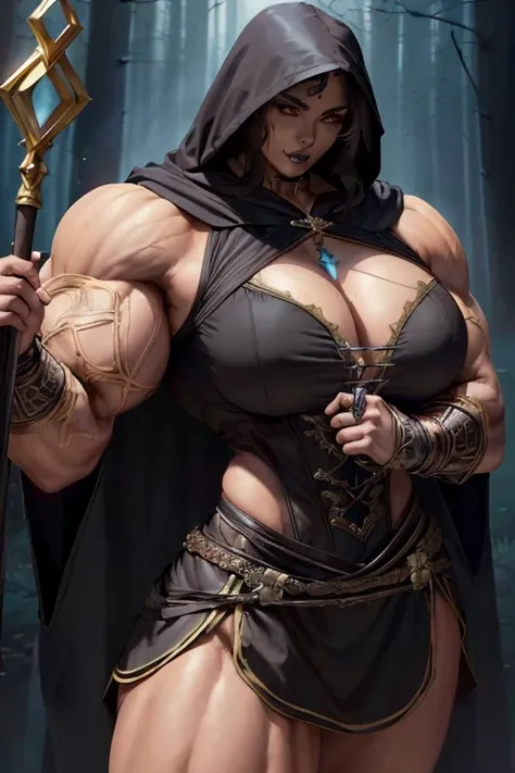 ((((Massive, tall, beautiful, buff, muscular brown skinned woman mage with black hair, black lipstick, ginormous bulky muscles, holding death mage staff and wearing a beautiful hooded black enchanted robe with gothic armor and long beautiful skirt)))), (cl...