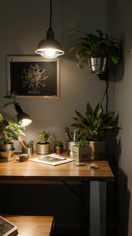 office table with plantes with studio light and marvel stickers