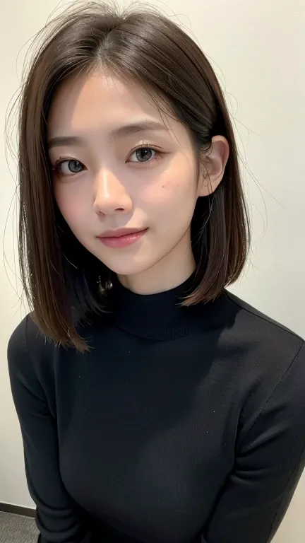 (((close-up of face)))、(((absolutely shoulder-length brown straight short bob)))、(((she is posing like a hair salon model, with ...