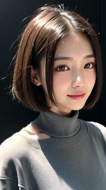 (((close-up of face)))、(((absolutely shoulder-length brown straight short bob)))、(((she is posing like a hair salon model, with ...