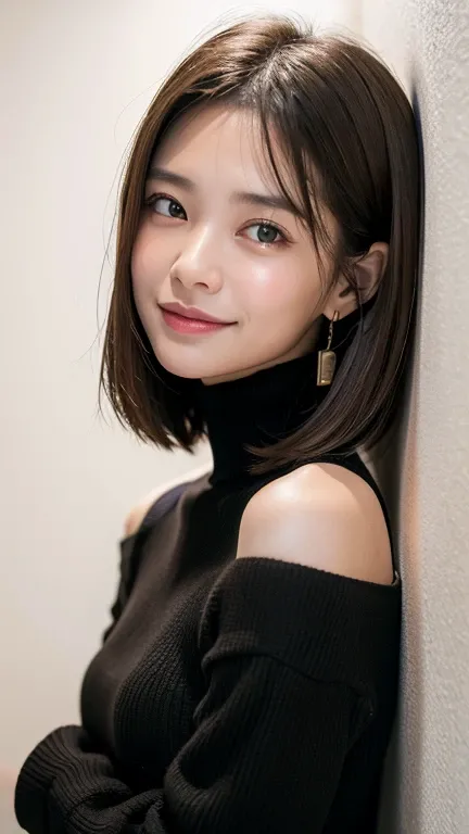 (((Close-up of face)))、(((Absolutely shoulder-length brown straight short bob)))、(((She is posing like a hair salon model, with a black wall indoors as the background.)))、(((Casual black winter long sleeves with shoulders covered)))、Half Japanese, half Kor...