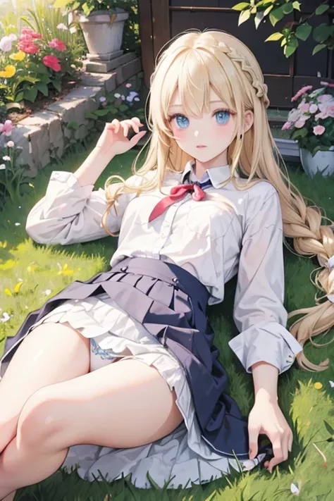 masterpiece, highest quality, High resolution, 1 17-year-old girl、blue eyes、
Blonde,  Braid、uniform, White shirt, Checked skirt, White panties、garden、Lying on the grass