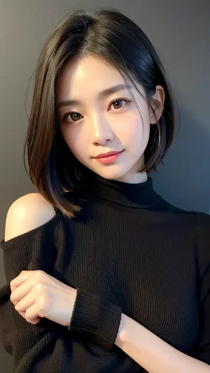 (((close-up of face)))、(((absolutely shoulder-length brown straight short bob)))、(((she is posing like a hair salon model, with ...