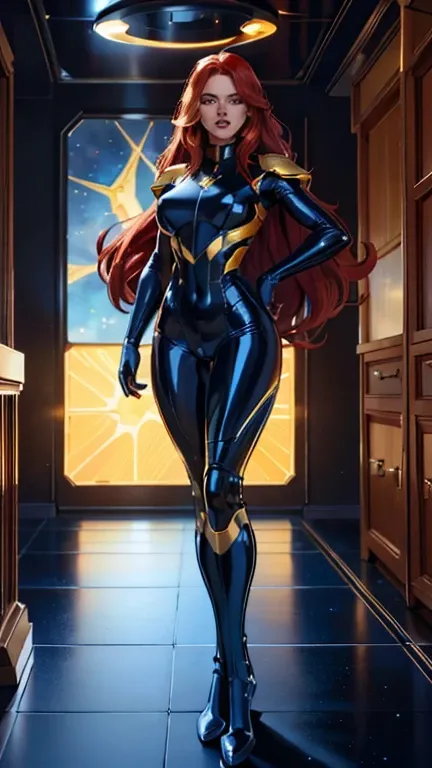 Best quality, 4K, american comics art style, vintage space woman,long red hair,lookng to observer,yellow and dark blue tight latex suit under shine black hi-tech armor,dynamic pose, spaceship corridor scenario, dramatic lights 