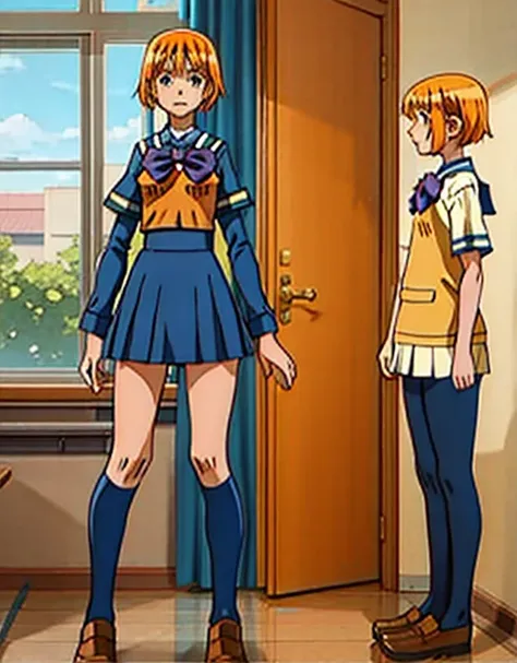 1 girl, school_uniform, standing, short orange hair, front view, looking on viewer, in room, skinny, high hips, flat torso, full body, panties, ass, butt lift