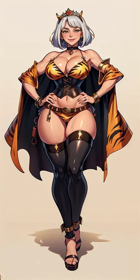 ((Masterpiece, plain background,1:2, masterpiece)) full body standing with two long yellow tiger print stockings, toned thighs, white silver hair, short bob hair, cleavage, separate  yellow tiger print stockings thighs and sleeves, tiara royal, long cape u...