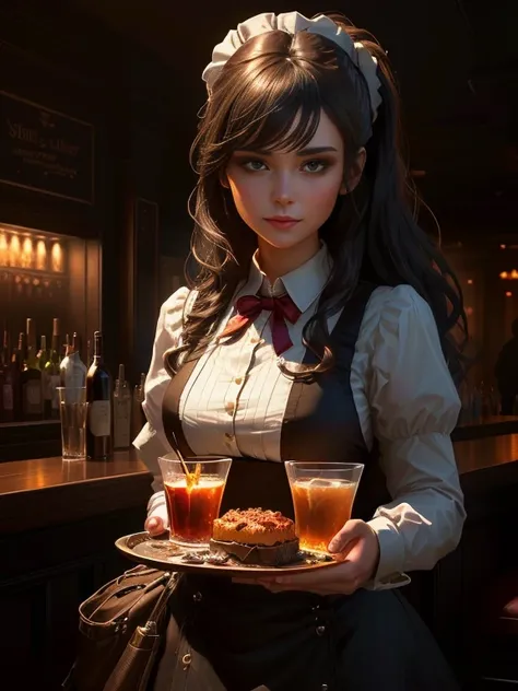 Close-up of a waitress woman in a dress in a dark room at a bar, 8k high quality detailed art, Amazing artwork in 8K, Highly detailed digital art in 4K, Amazing character art, Features, Surreal fantasy art, Best of Art Station, artstation hd, Magnificent a...