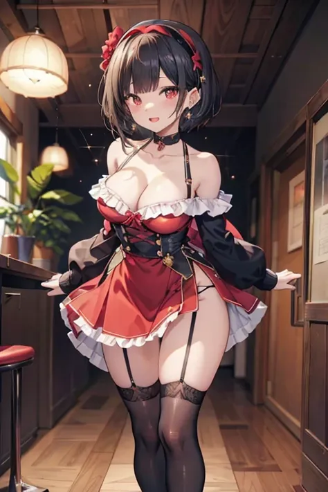 Adult Woman, masterpiece, 1girl, Amazing Cleavage:1.3, thin waist, big ass, Raised sexy, medium breast:1.3,posed cleavage:1.2,solo, open mouth, have a cup of coffee,black hair, red eyes, dress, bare shoulders, jewelry, collarbone, sidelocks, hairband, earr...