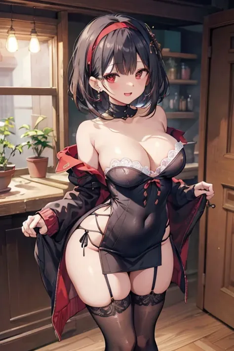 Adult Woman, masterpiece, 1girl, Amazing Cleavage:1.3, thin waist, big ass, Raised sexy, medium breast:1.3,posed cleavage:1.2,solo, open mouth, have a cup of coffee,black hair, red eyes, dress, bare shoulders, jewelry, collarbone, sidelocks, hairband, earr...