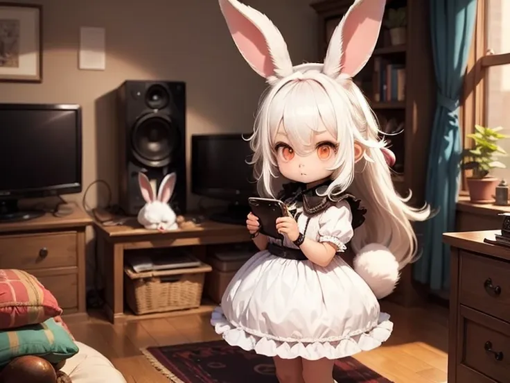 solo,1girl\((chibi:1.8),cute,kawaii,small kid,(white hair:1.7),(very long hair:1.7),bangs,(ear\(fluffy white rabbit-ear\):1.3),(...