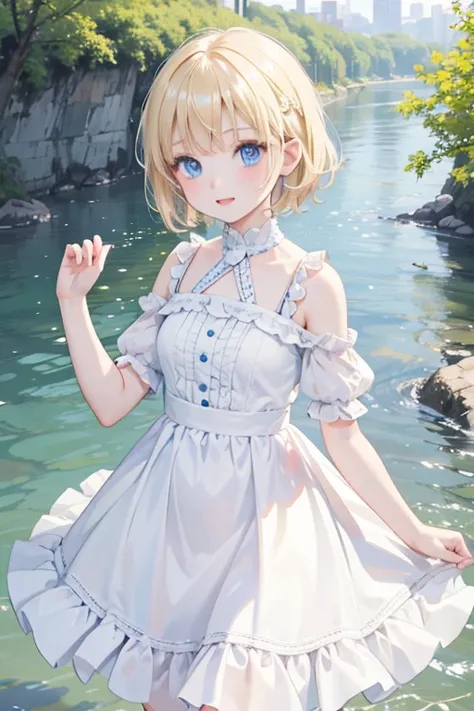 masterpiece, highest quality, High resolution, One 12-year-old girl、blue eyes、
Blonde,  short hair、Vertical Roll、White dress, river、Water Play