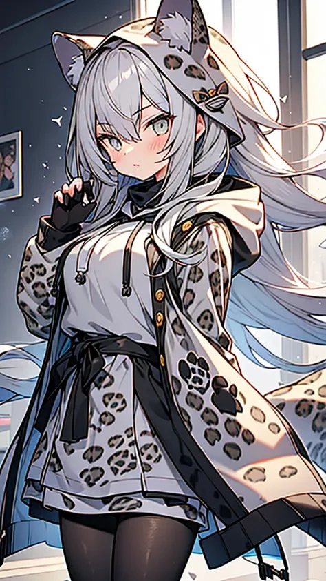 anime style,cute girl wearing hood,(gray_leopard_ears_hood),
(gray_leopard_print_pantyhose),gray_leopard_paw_gloves,gray long ha...