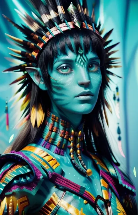 avatar style, (face portrait:1.6), naavi, 1girl, female, (blue eyes), (big eyes), ((eyebrowless)), pointy ears, (turquoise skin ...